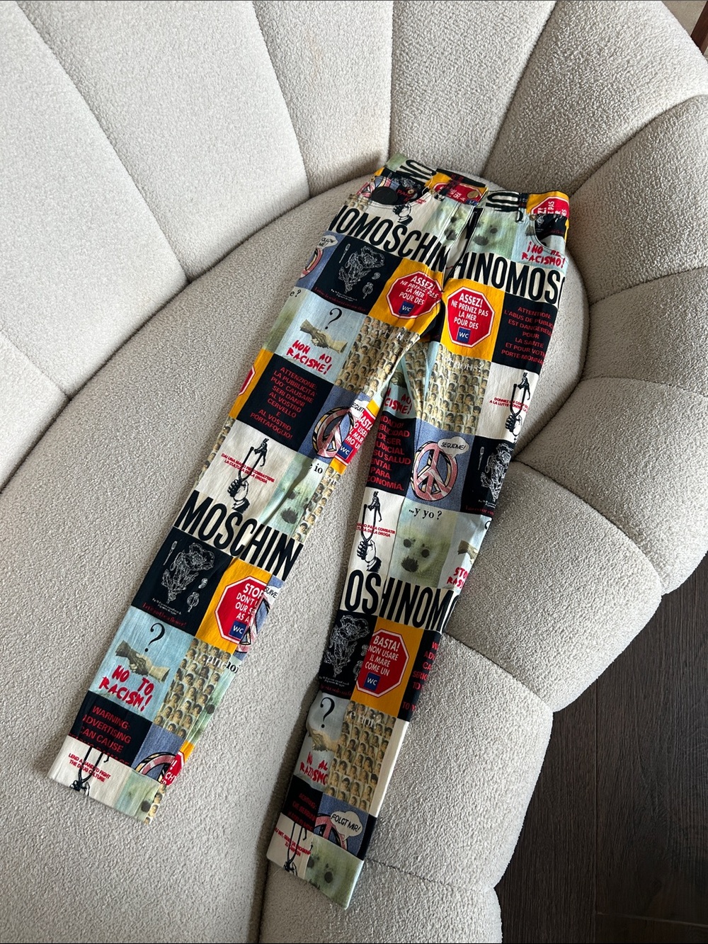 Moschino Multi-Panel Graphic Skinny Jeans in Black, Red, Yellow, Blue